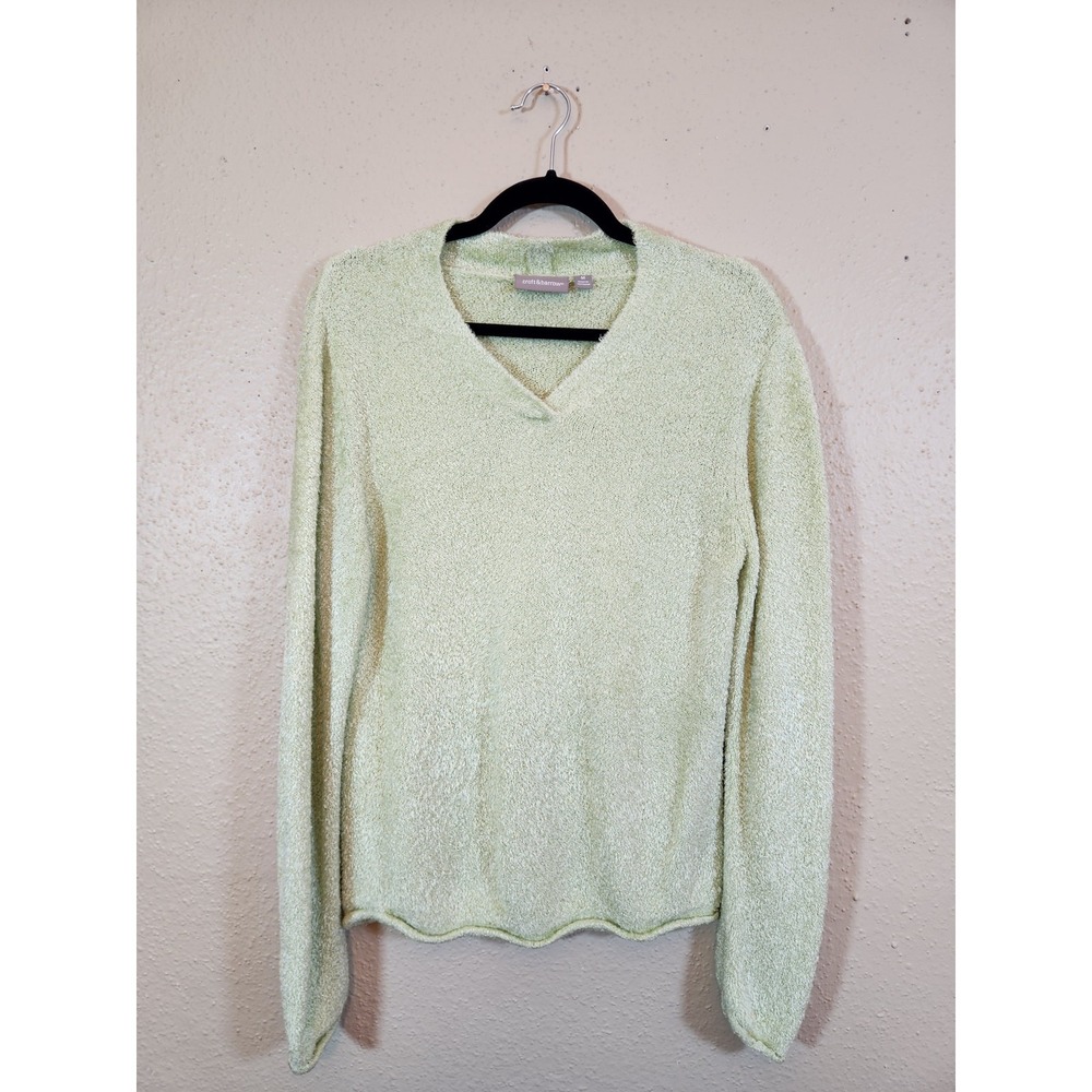 Croft & Barrow Women Medium Lime Green Chenille V-Neck Sweater Fuzzy Long Sleeve